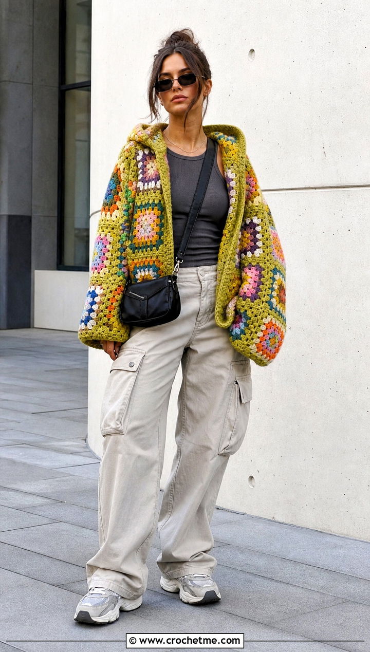 Oversized Rainbow Granny Square Hooded Cardigan With Cargo Pants - 25 Granny Square Hooded Cardigan outfit ideas