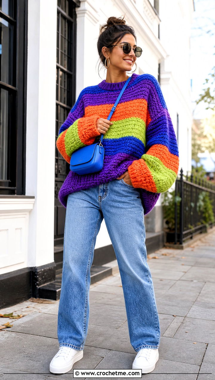 Oversized Rainbow Striped Crochet Sweater With Straight Leg Jeans - 15 rainbow striped crochet sweater outfit ideas