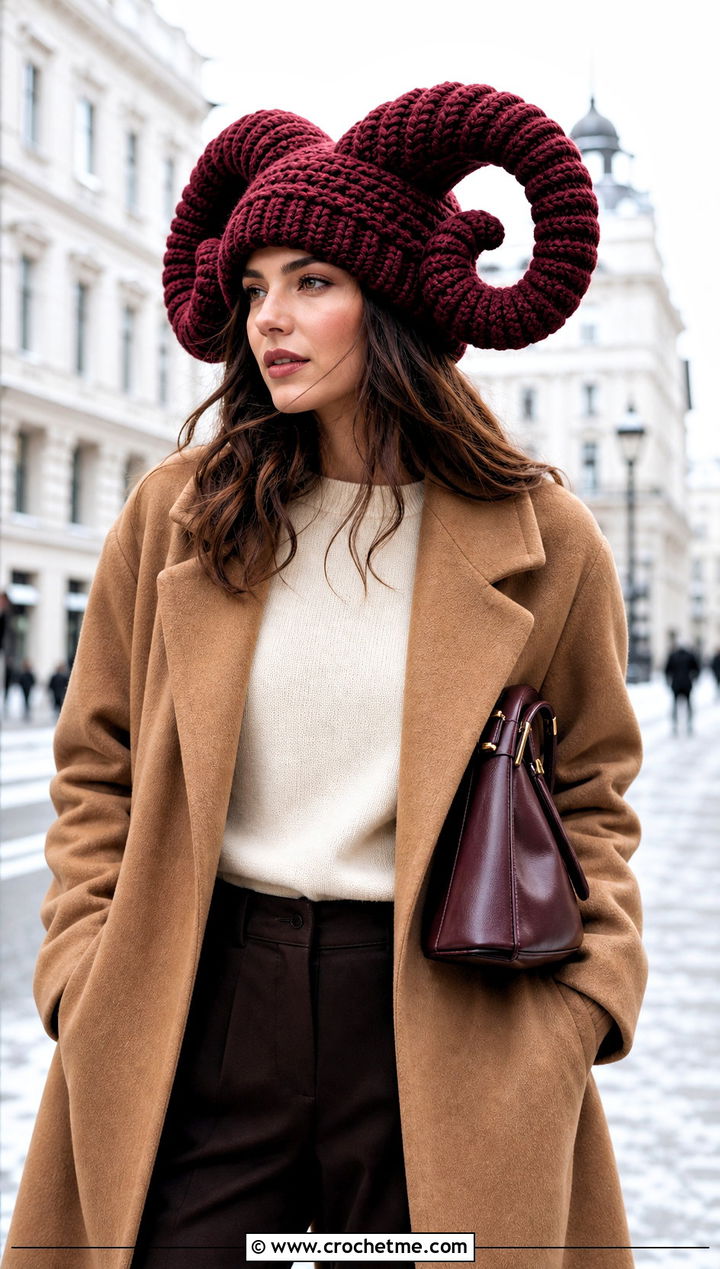 Oversized Ram Horn Hat With Long Wool Coat - 30 crochet hat with horns outfit ideas