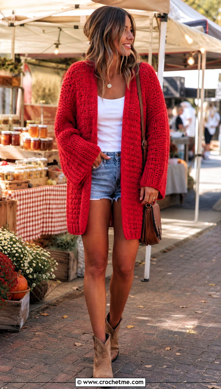 Oversized Rectangle Blanket Sweater With Denim Shorts - 30 crochet blanket sweater outfit ideas