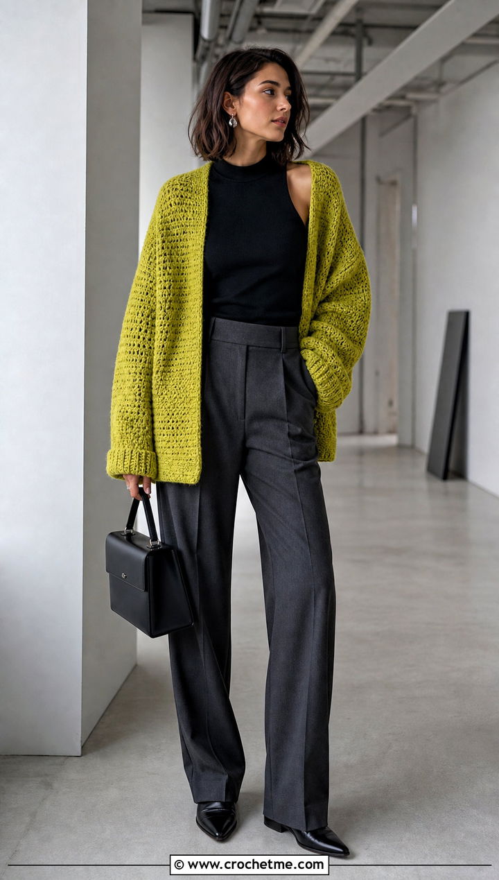 Oversized Rectangle Crochet Cardigan With Tailored Trousers - 20 Crochet Cardigan From Rectangle outfit ideas