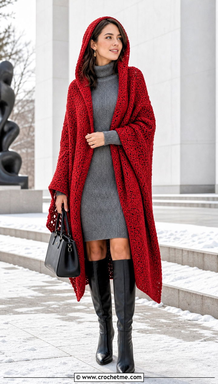 Oversized Rectangle Crochet Hooded Shawl With Sweater Dress - 35 crochet hooded shawl outfit ideas