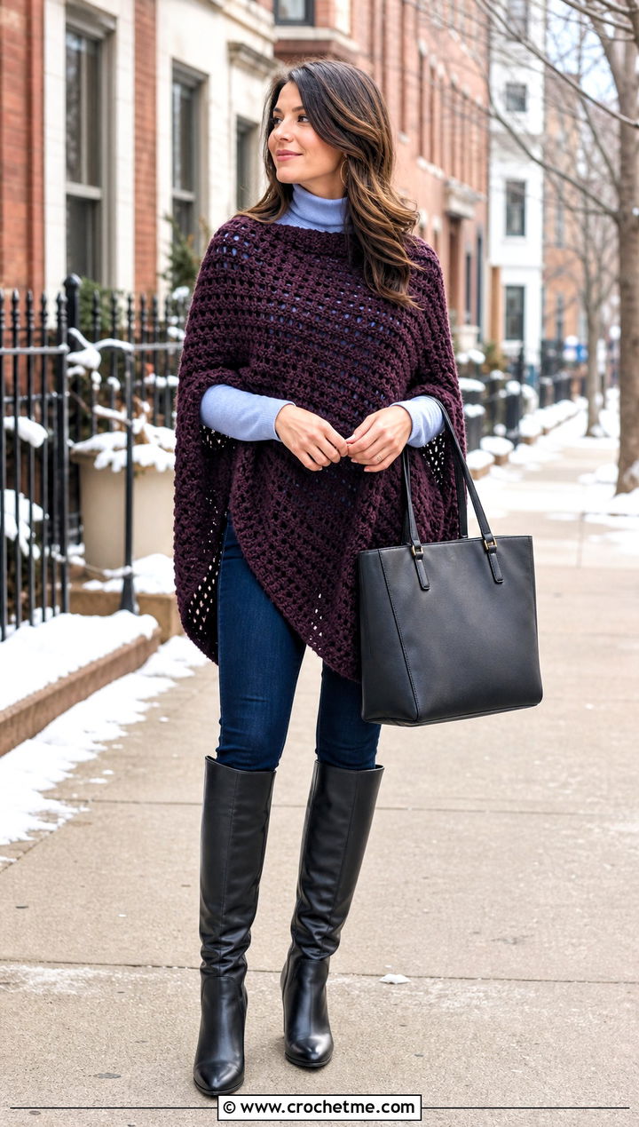 Oversized Rectangle Crochet Poncho With Skinny Jeans - 15 Winter Crochet Poncho outfit ideas