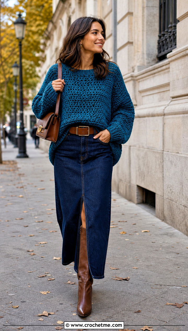 Oversized Rectangle Sweater With Denim Maxi Skirt - 15 Crochet Sweater From Rectangle outfit ideas