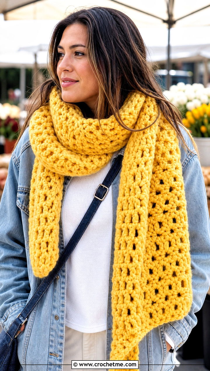Oversized Rectangular Chunky Crochet Scarf With Denim Jacket - 25 Chunky Yarn Crochet Scarf outfit ideas