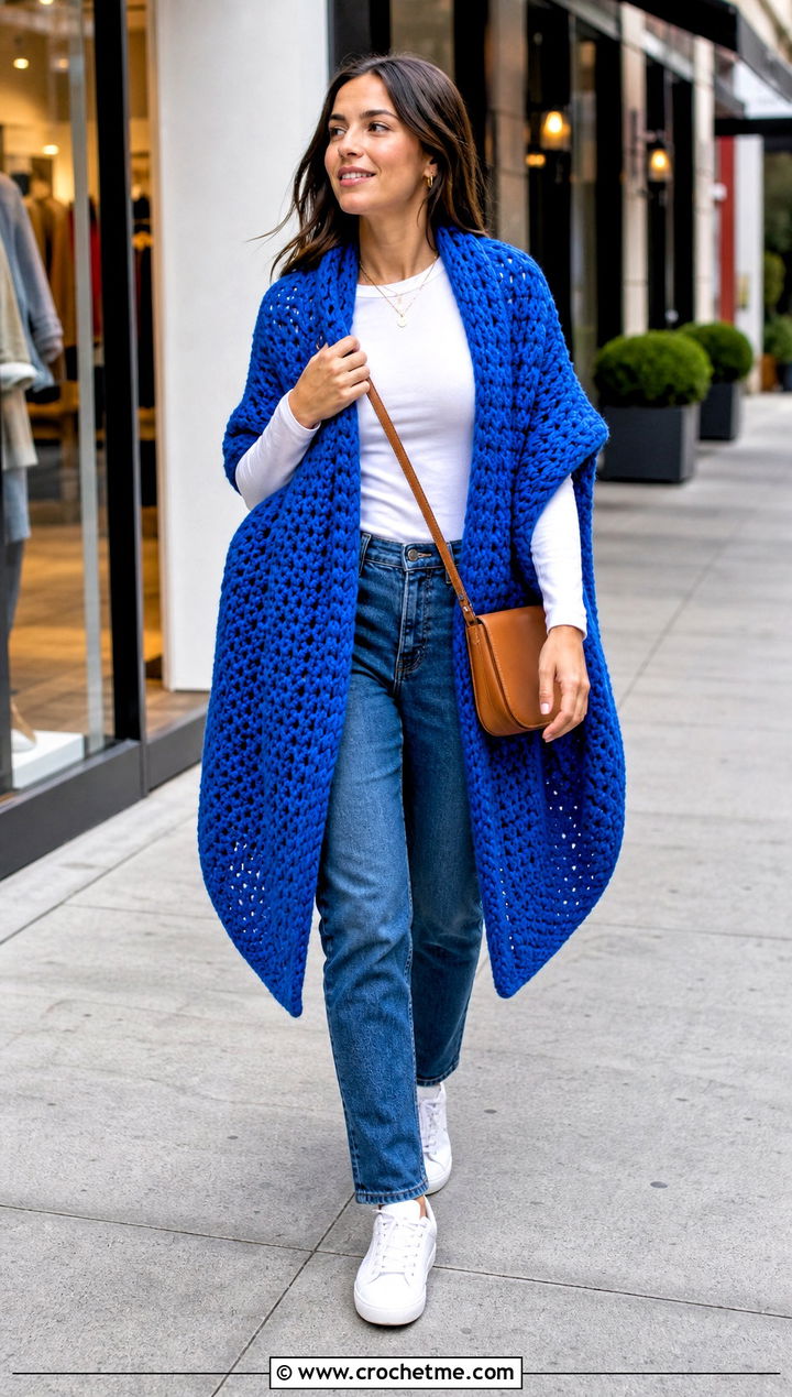Oversized Rectangular Crochet Blanket Shawl With Jeans - 15 Crochet Shawl Blanket outfit ideas