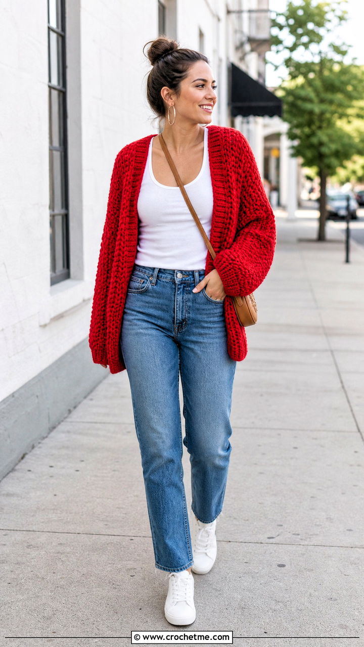 Oversized Red Crochet Sweater With Straight Leg Jeans - 35 red crochet sweater outfit ideas