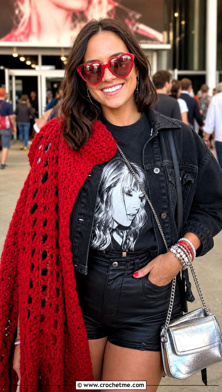 Oversized Red Crochet Wrap Scarf With Concert Tee And Leather Shorts - 25 taylor swift red crochet scarf outfit ideas