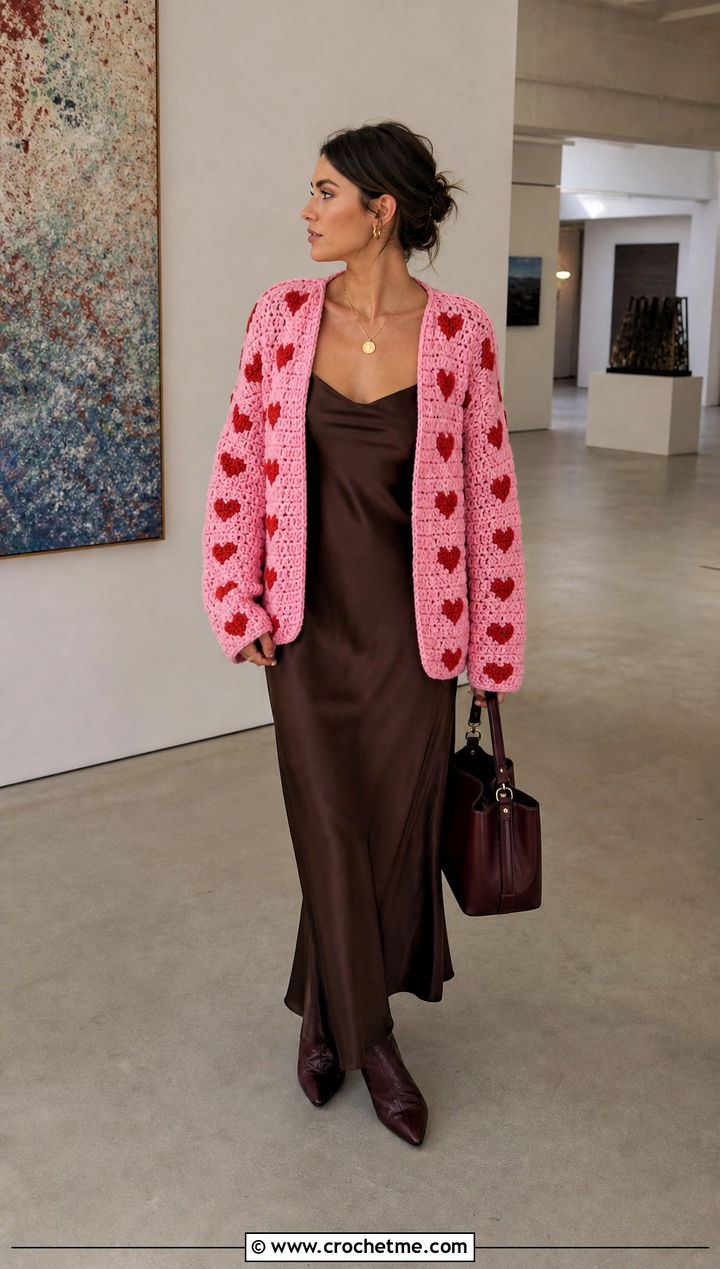 Oversized Red Heart Granny Square Cardigan With Slip Dress - 15 red heart granny square cardigan outfit ideas