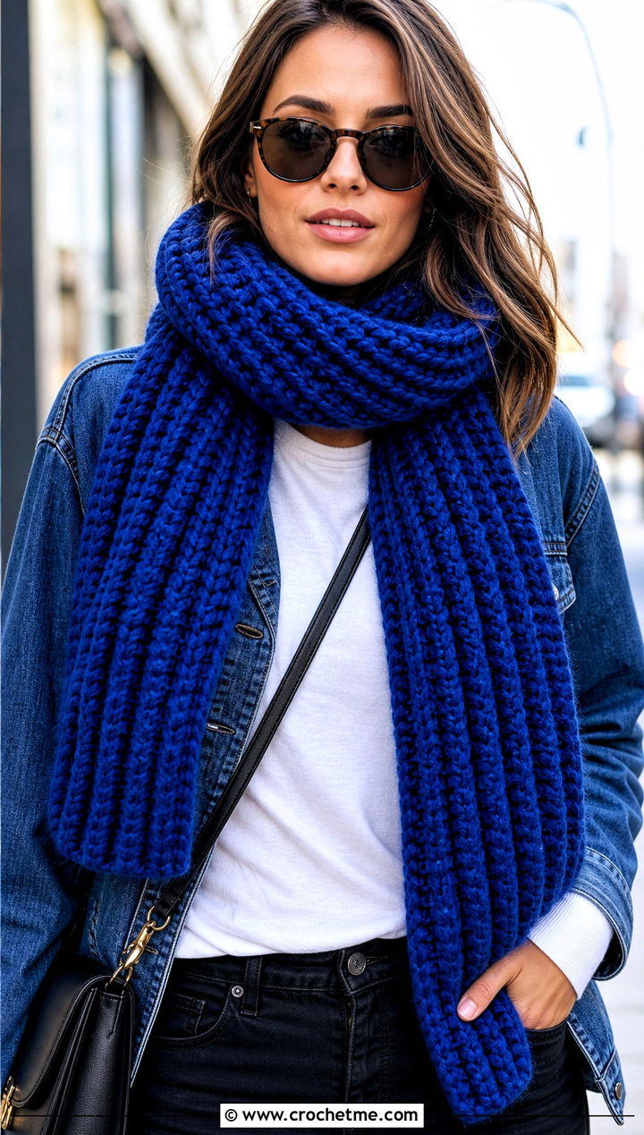 Oversized Ribbed Chunky Crochet Scarf With Denim Jacket - 15 Crochet Scarves Chunky Yarn outfit ideas