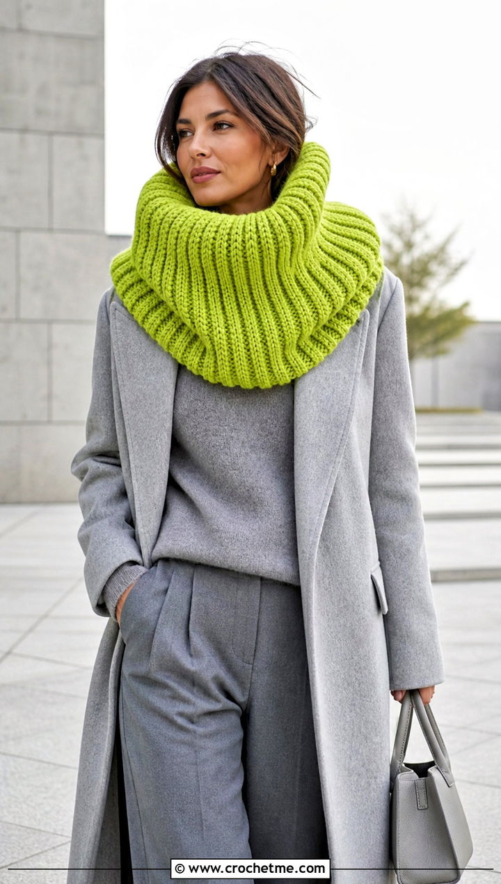 Oversized Ribbed Cowl With Monochrome Separates - 20 Crochet Ribbed Cowl outfit ideas