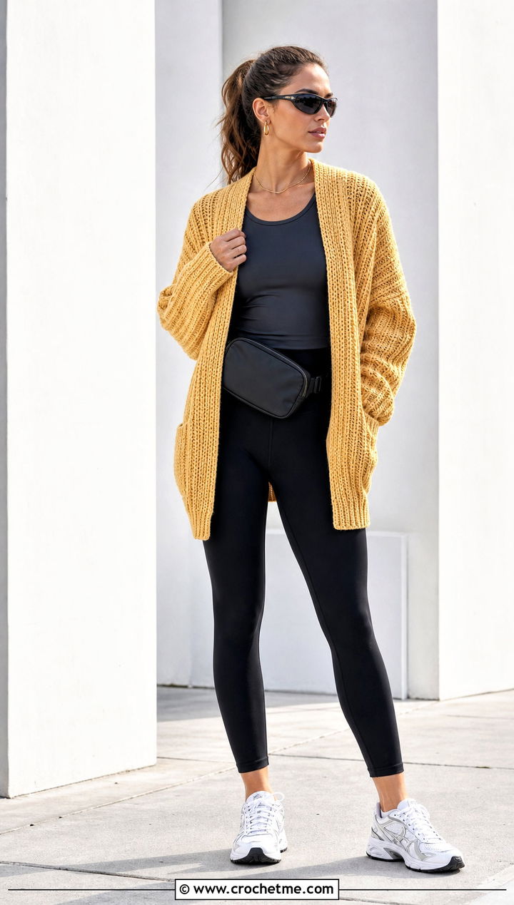 Oversized Ribbed Crochet Cardigan With Leggings And Sneakers - 15 Crochet Womens Cardigan Sweater outfit ideas