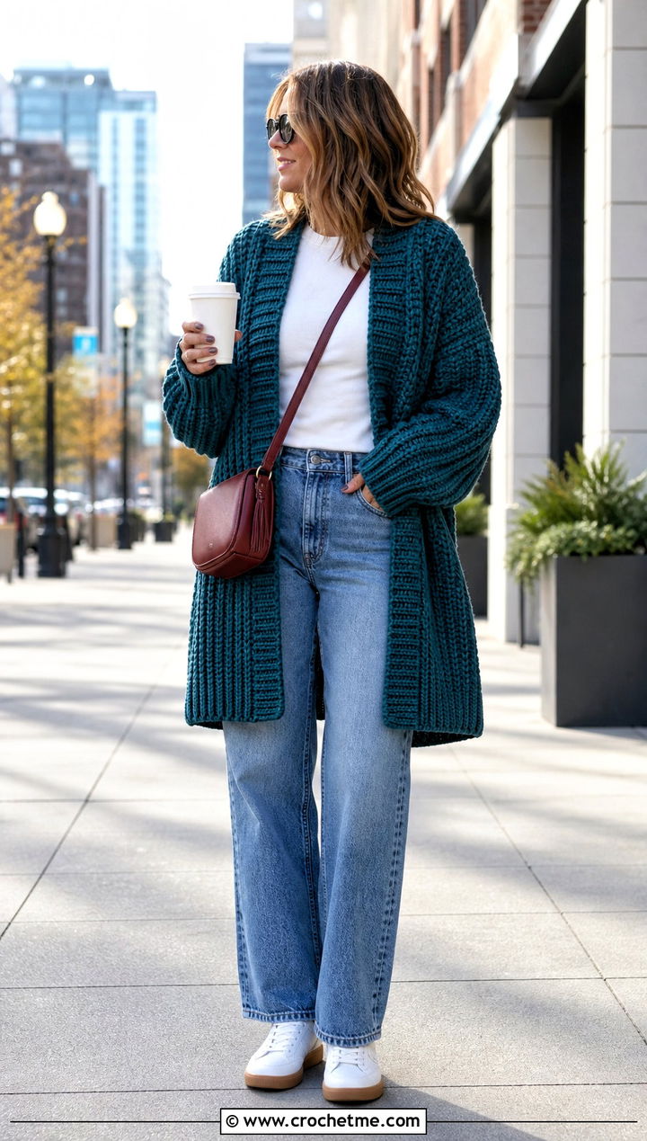 Oversized Ribbed Crochet Cardigan With Straight Leg Jeans - 25 thick crochet cardigan outfit ideas