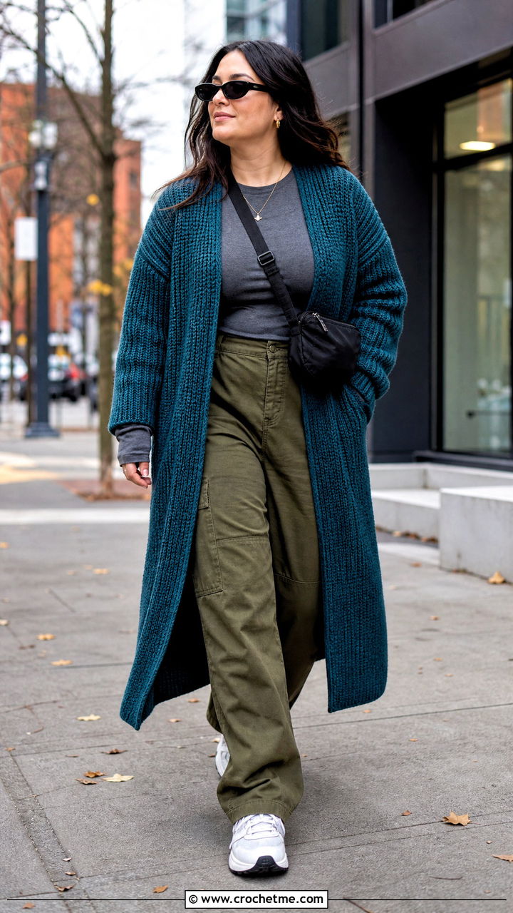Oversized Ribbed Crochet Fall Cardigan With Cargo Pants - 35 crochet fall cardigan outfit ideas