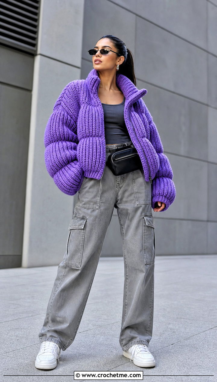 Oversized Ribbed Crochet Puffer Jacket With Cargo Pants - 35 crochet puffer jacket outfit ideas