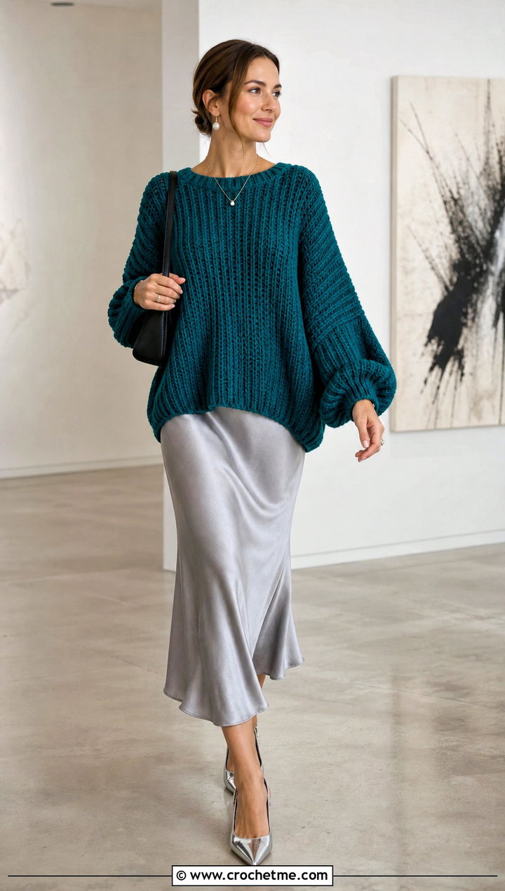 Oversized Ribbed Crochet Sweater With Satin Midi Skirt - 25 Ribbed Crochet Sweater outfit ideas