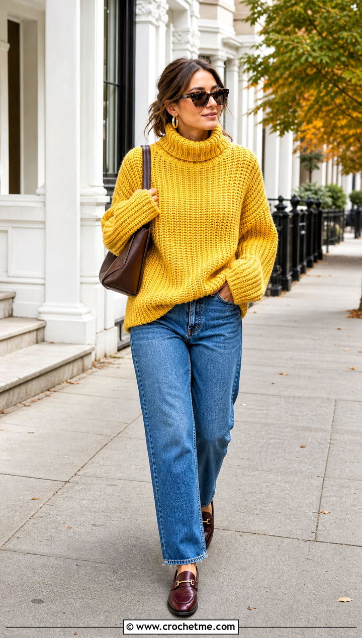 Oversized Ribbed Crochet Turtle Neck Sweater With Straight Jeans - 35 crochet turtle neck sweater outfit ideas