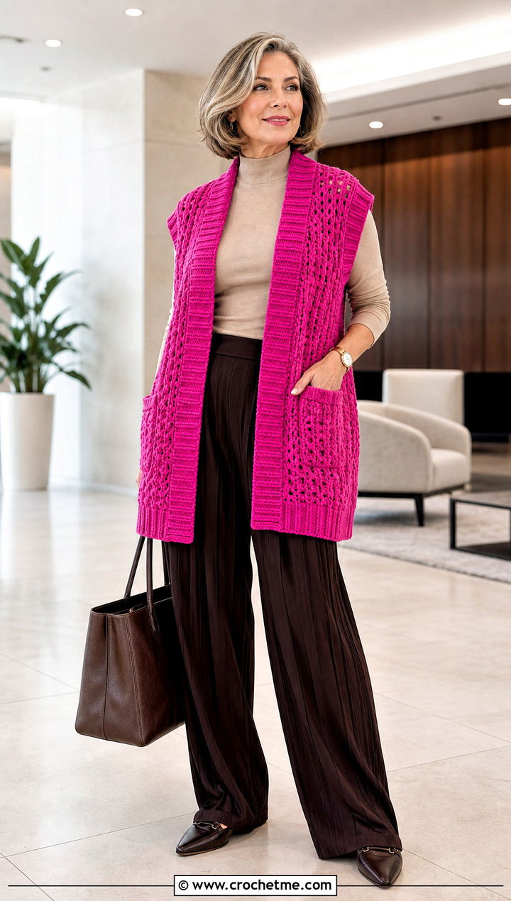 Oversized Ribbed Edge Crochet Vest With Pleated Pants - 30 oversize crochet vest outfit ideas