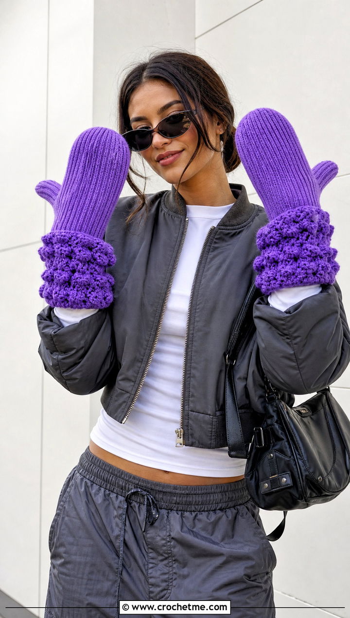 Oversized Ribbed Mittens With Bomber Jacket - 15 Crochet Ribbed Mittens outfit ideas