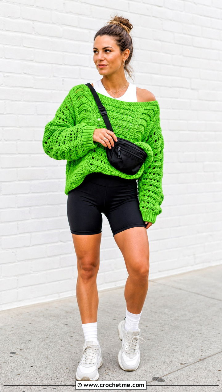 Oversized Ripple Crochet Top With Biker Shorts - 20 wave crochet top outfit ideas