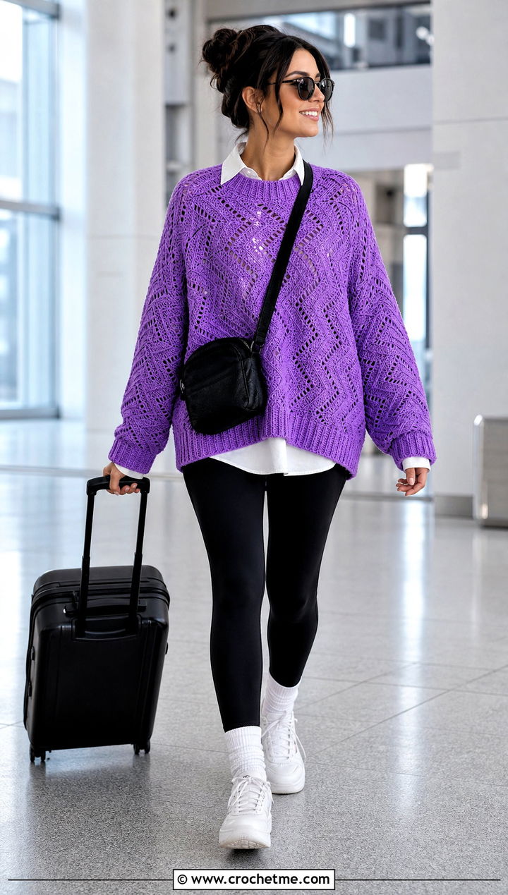 Oversized Ripple Sweater With Black Leggings - 30 crochet ripple sweater outfit ideas
