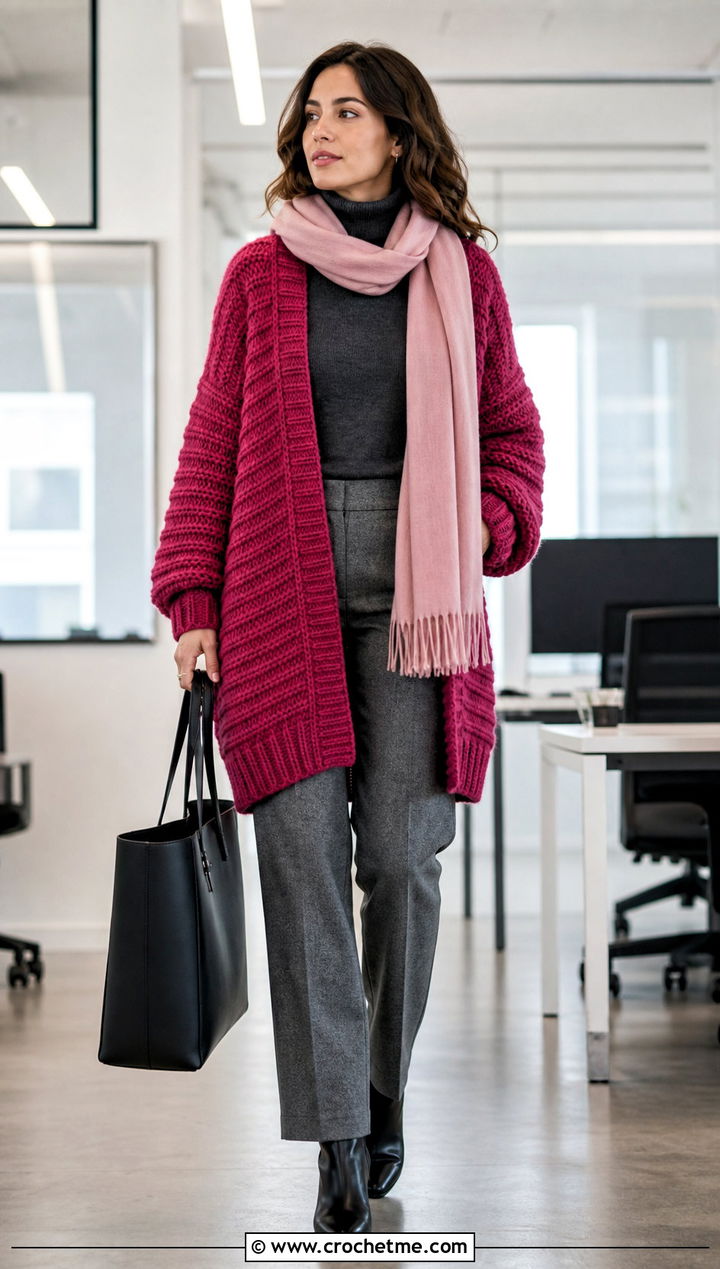Oversized Riverbed Crochet Cardigan With Wool Trousers - 25 riverbed crochet cardigan outfit ideas