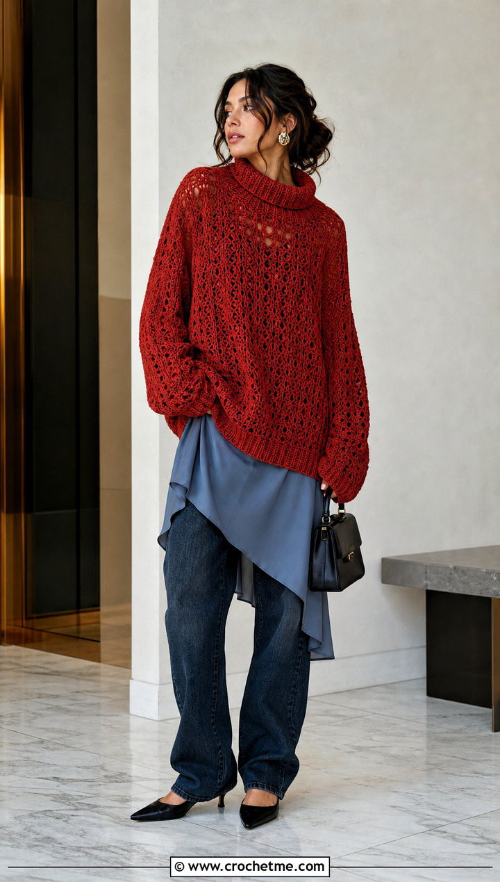 Oversized Roll Neck Crochet Sweater With Slip Dress And Jeans - 30 crochet high neck sweater outfit ideas