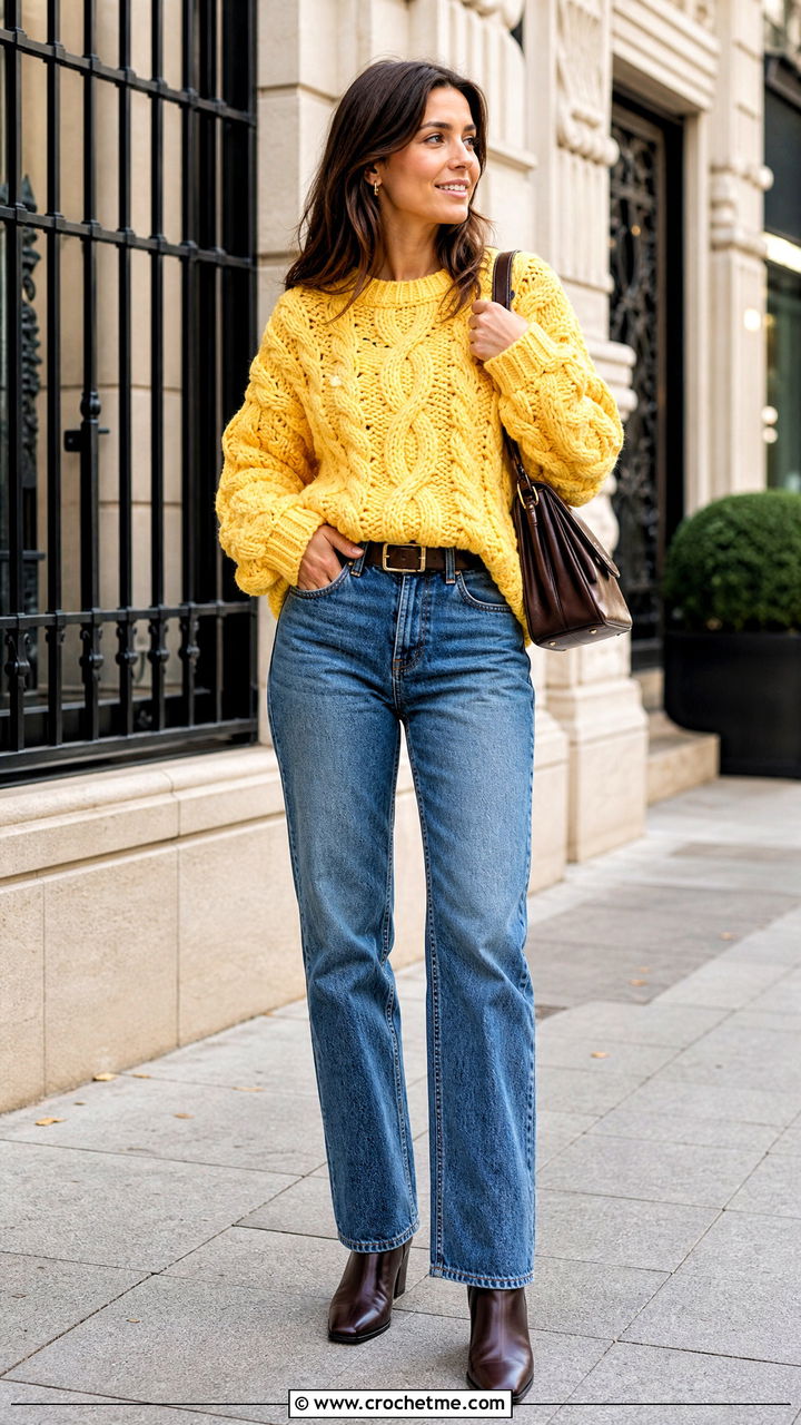 Oversized Rope Cable Sweater With Straight Leg Jeans - 35 crochet cable sweater outfit ideas