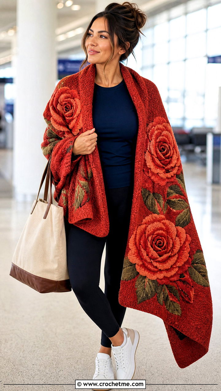 Oversized Rose Blanket Shawl With Leggings - 20 Crochet Rose Shawl outfit ideas