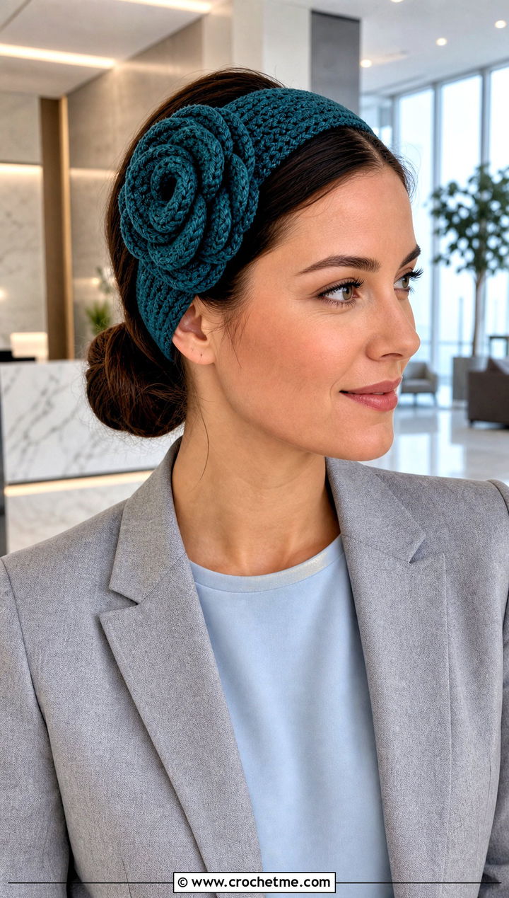 Oversized Rose Crochet Headband With Trouser Suit - 15 crochet headband with flower design outfit ideas