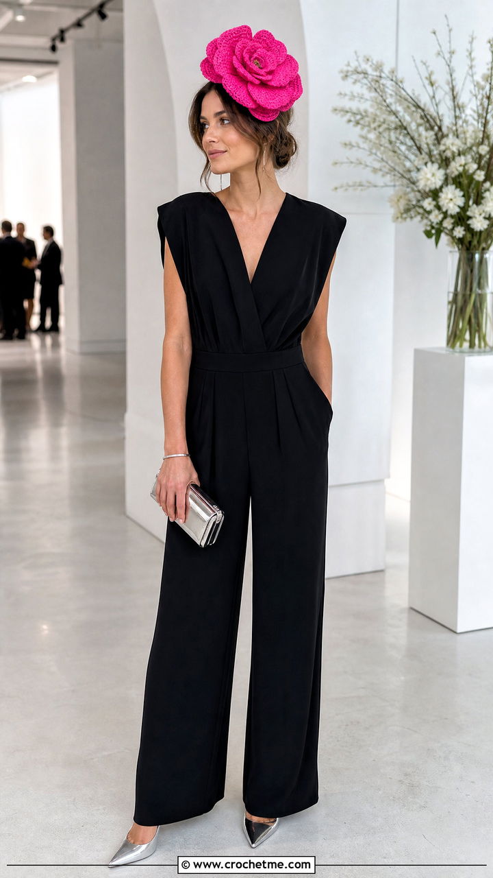 Oversized Rosette Crochet Flower Headband With Jumpsuit - 35 crochet flower headband outfit ideas