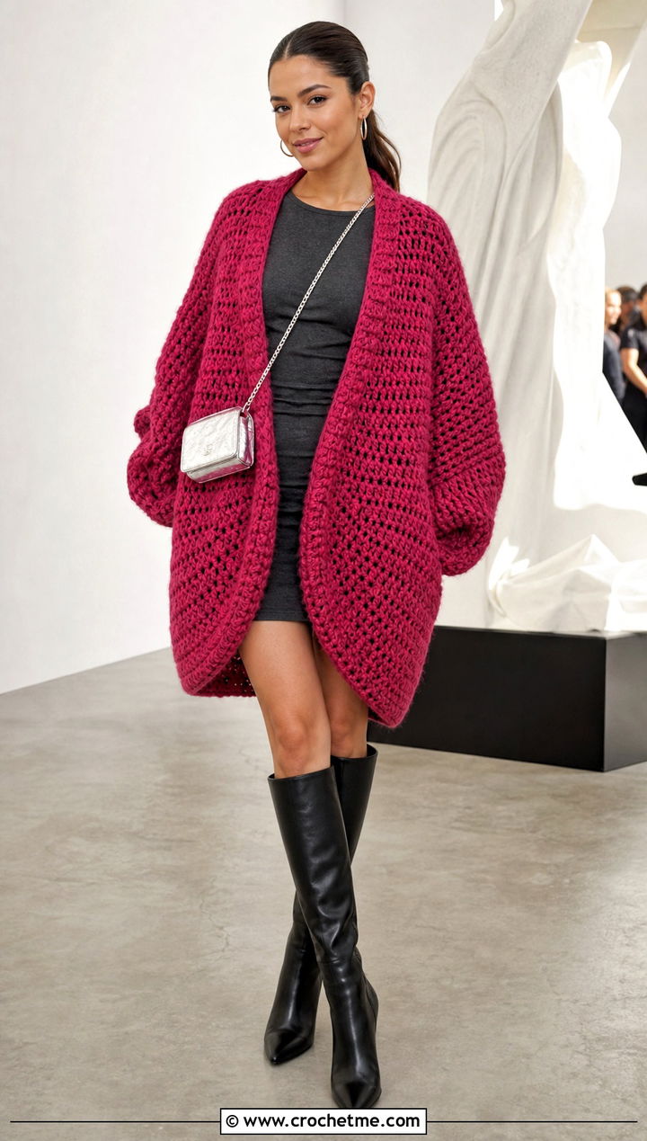 Oversized Round Crochet Cardigan With Mini Dress - 35 round crochet cardigan outfit ideas