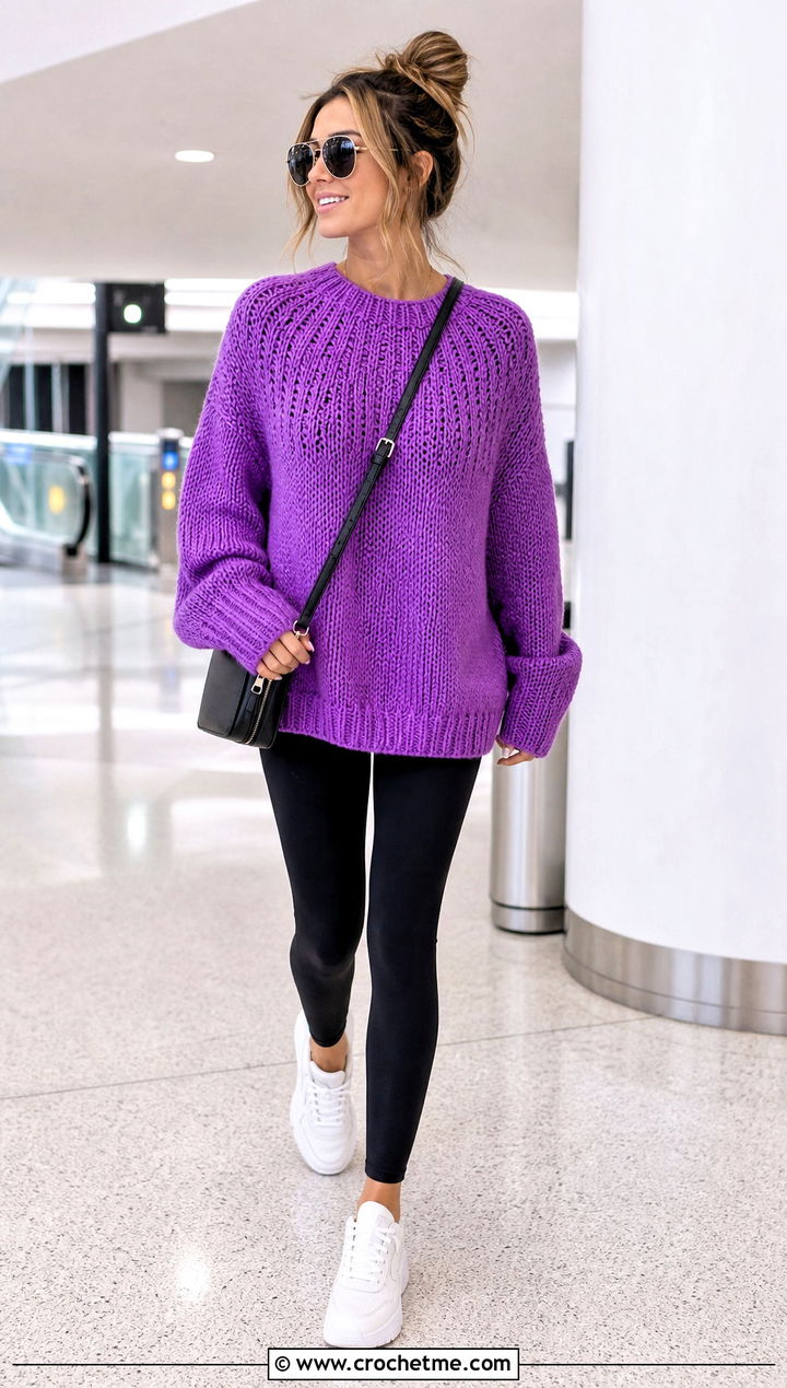 Oversized Round Yoke Crochet Sweater With Black Leggings - 20 Round Yoke Crochet Sweater outfit ideas