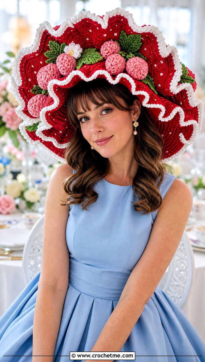 Oversized Ruffle Strawberry Shortcake Bonnet With Party Dress - 30 crochet strawberry shortcake hat outfit ideas
