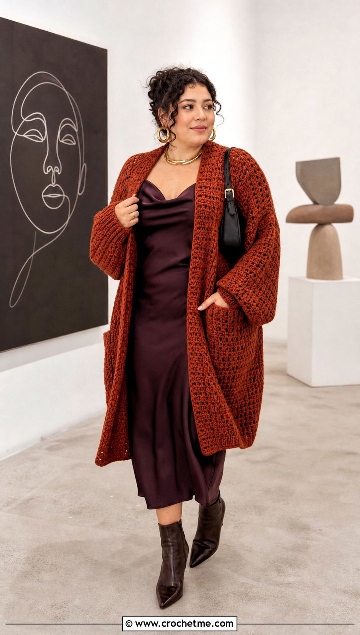 Oversized Rust Colored Crochet Cardigan With Slip Dress - 15 rust-colored crochet cardigan outfit ideas