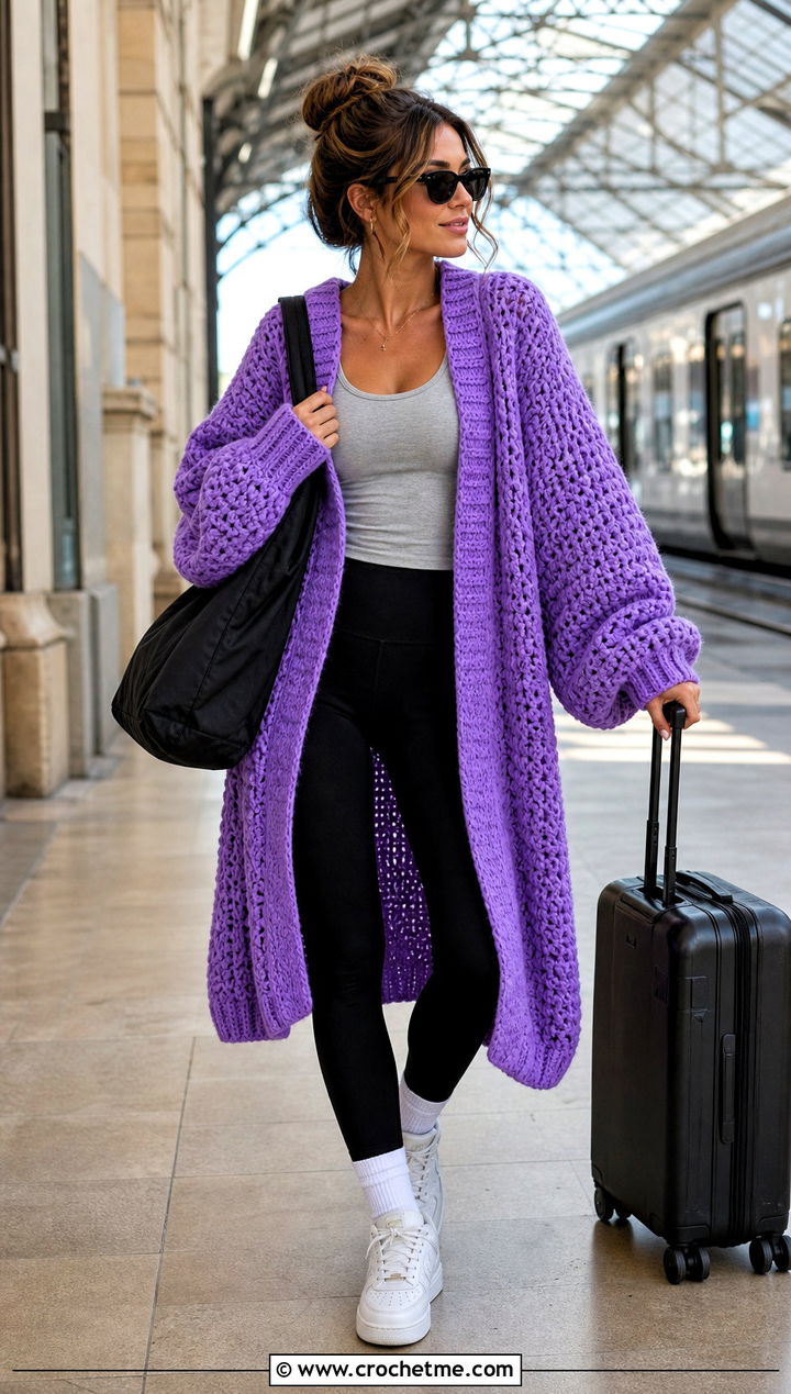 Oversized Sally Cardigan With Leggings And Sneakers - 20 Crochet Sally Cardigan outfit ideas