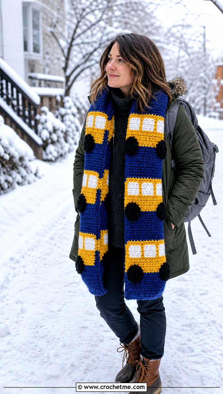 Oversized School Bus Scarf With Parka - 25 Crochet School Bus Scarf outfit ideas