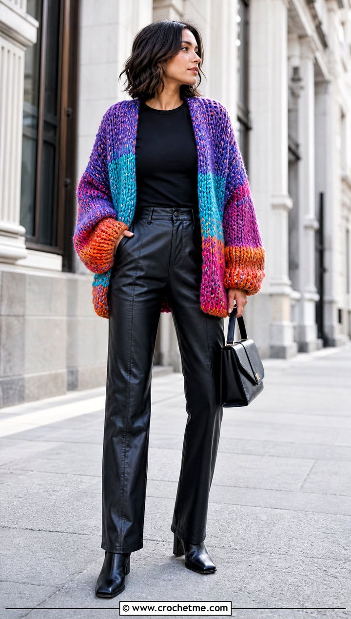 Oversized Scrap Yarn Cardigan With Leather Pants - 15 Crochet Scrap Cardigan outfit ideas