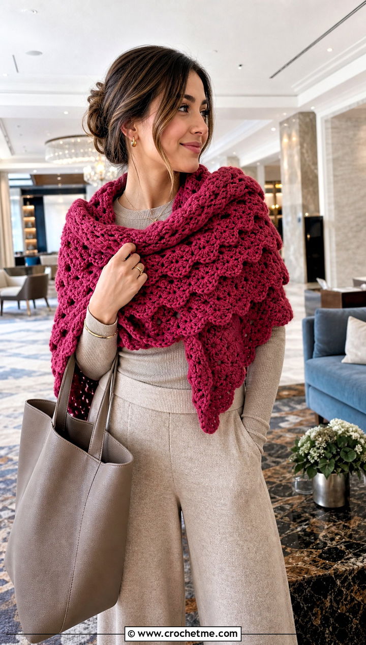 Oversized Shell Crochet Wrap Scarf With Knit Set - 20 Shell Crochet Scarf outfit ideas