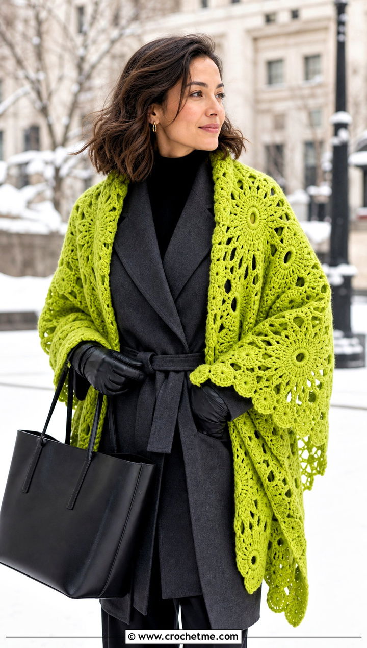 Oversized Shell Shawl With Belted Coat - 20 Crochet Shell Shawl outfit ideas