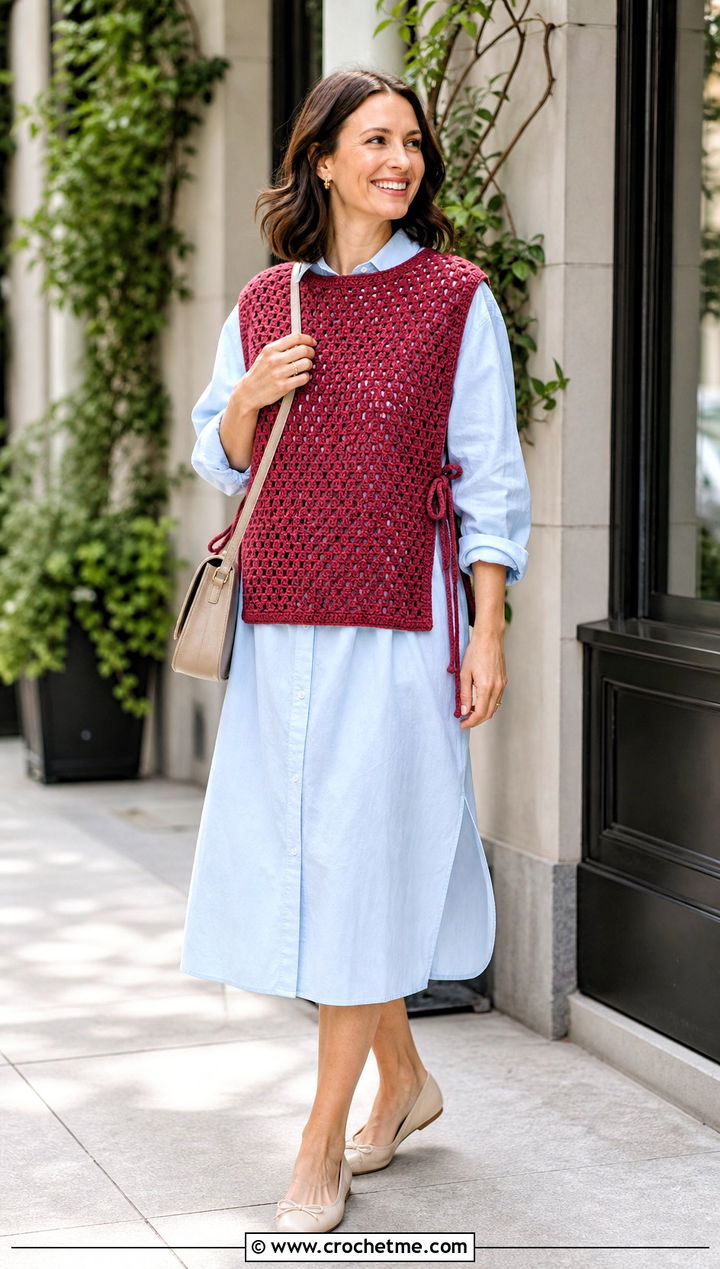 Oversized Side Tie Crochet Vest With Poplin Dress - 30 oversize crochet vest outfit ideas