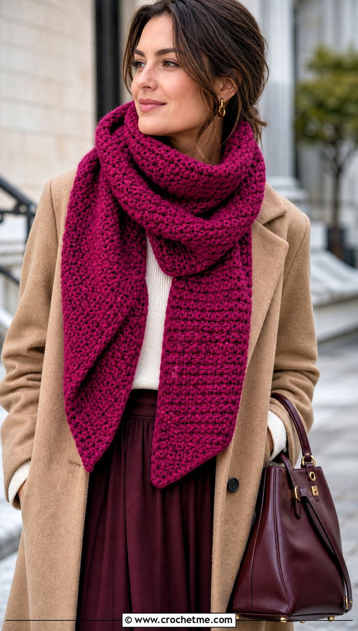 Oversized Single Crochet Scarf With Wool Coat And Midi Skirt - 25 Single Crochet Scarf outfit ideas