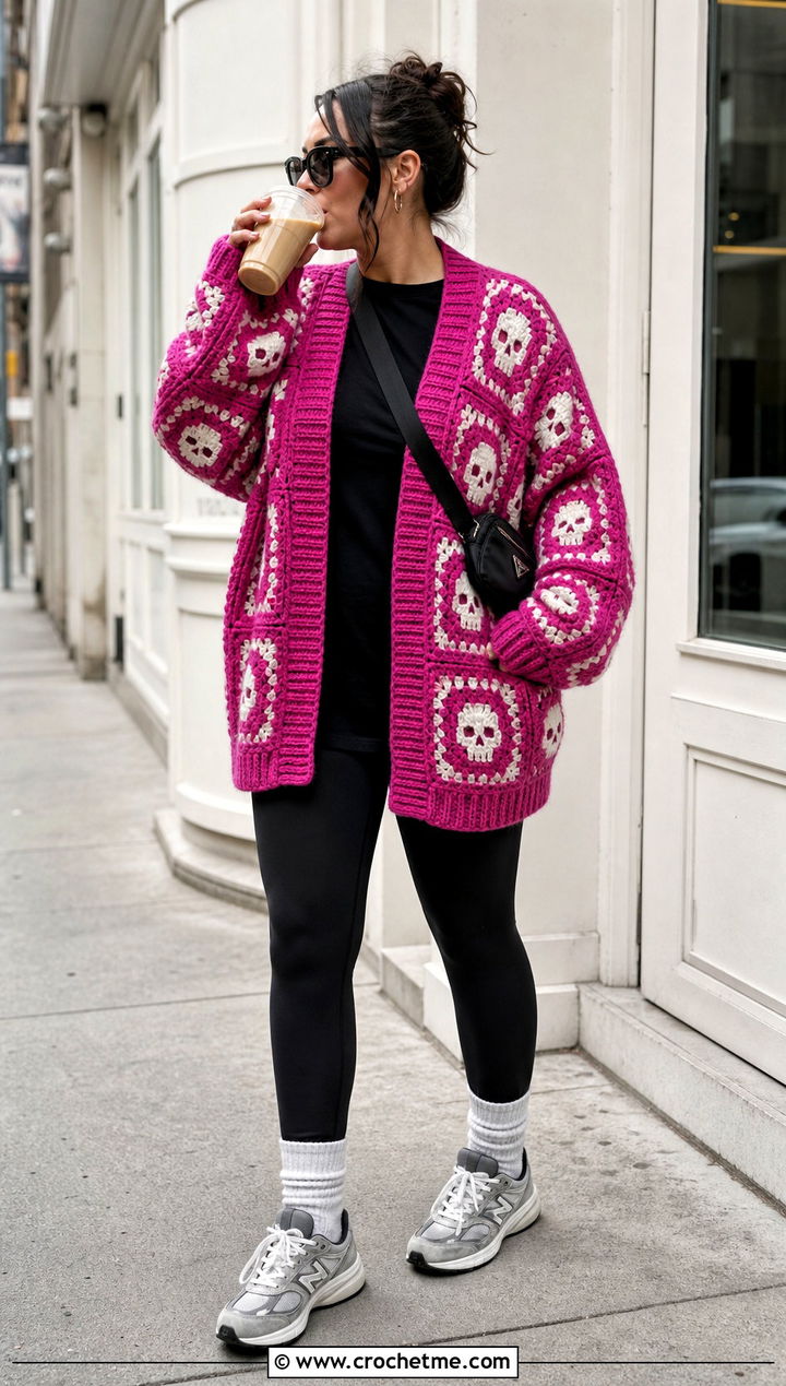 Oversized Skull Granny Square Cardigan With Leggings - 30 skull granny square cardigan outfit ideas