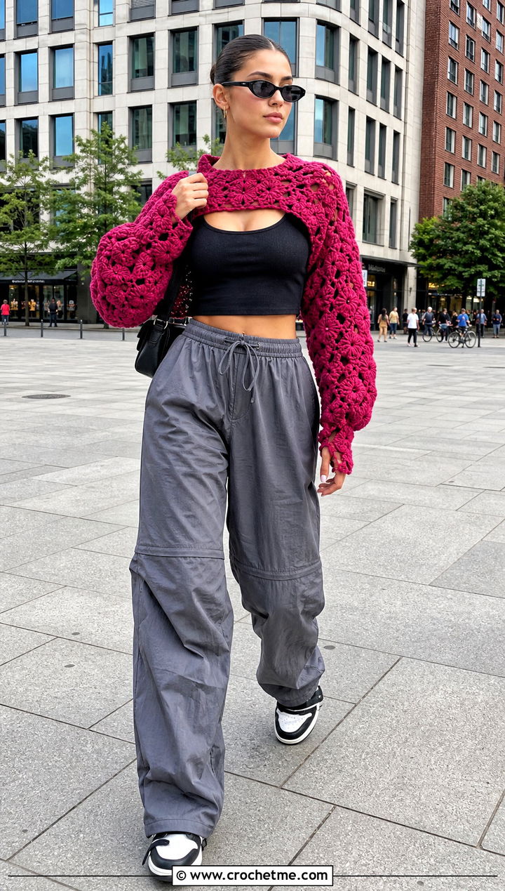 Oversized Sleeve Crochet Bolero With Parachute Pants - 20 Crochet Bolero Sweater outfit ideas