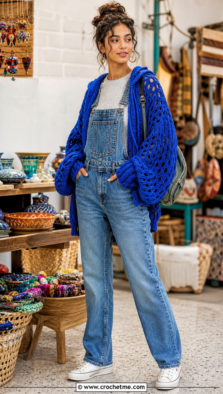 Oversized Sleeve Crochet Shrug With Hood And Overalls - 25 crochet shrug with hood outfit ideas