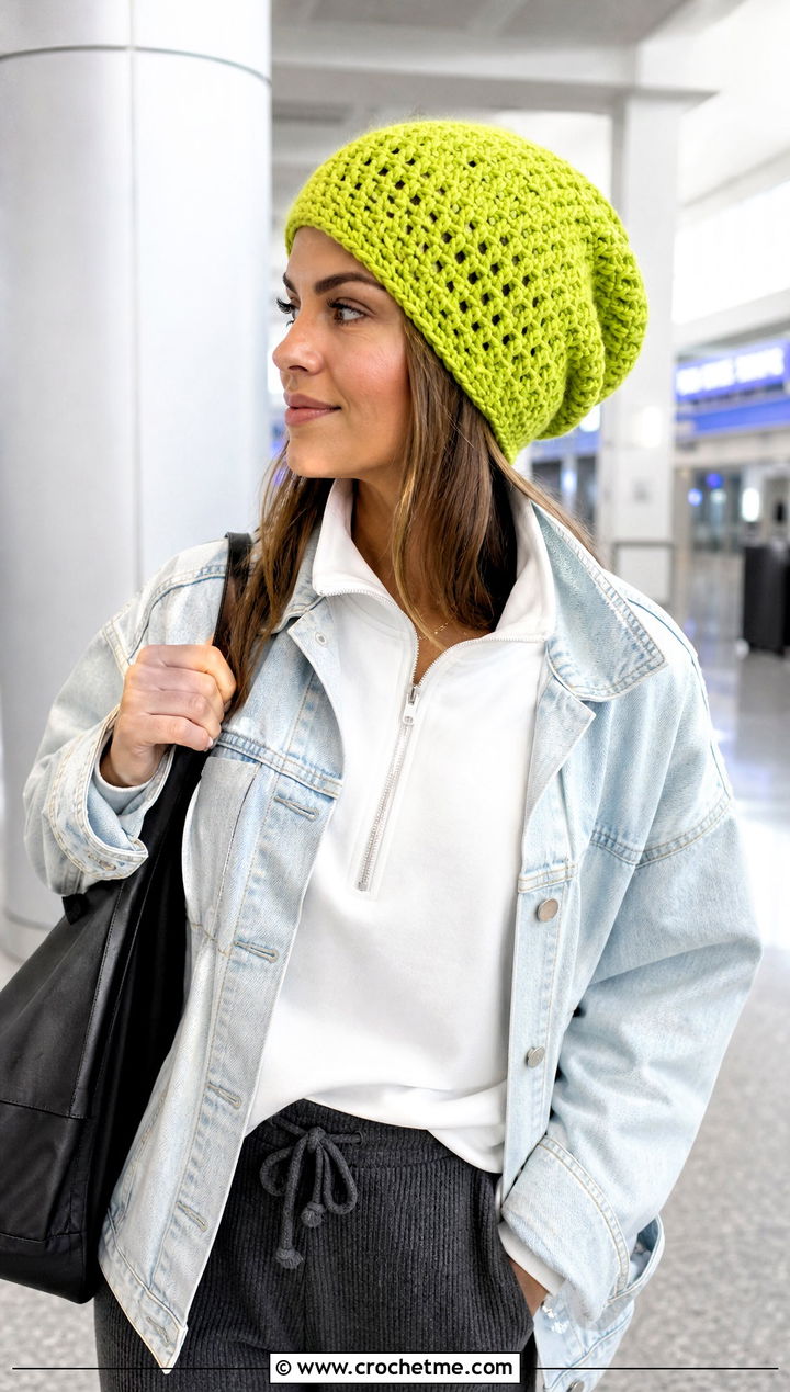 Oversized Slouch Crochet Beanie With Airport Outfit - 25 beginner crochet beanie outfit ideas