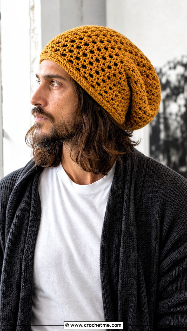 Oversized Slouch Crochet Hat With Long Cardigan - 25 crocheted mens hats outfit ideas