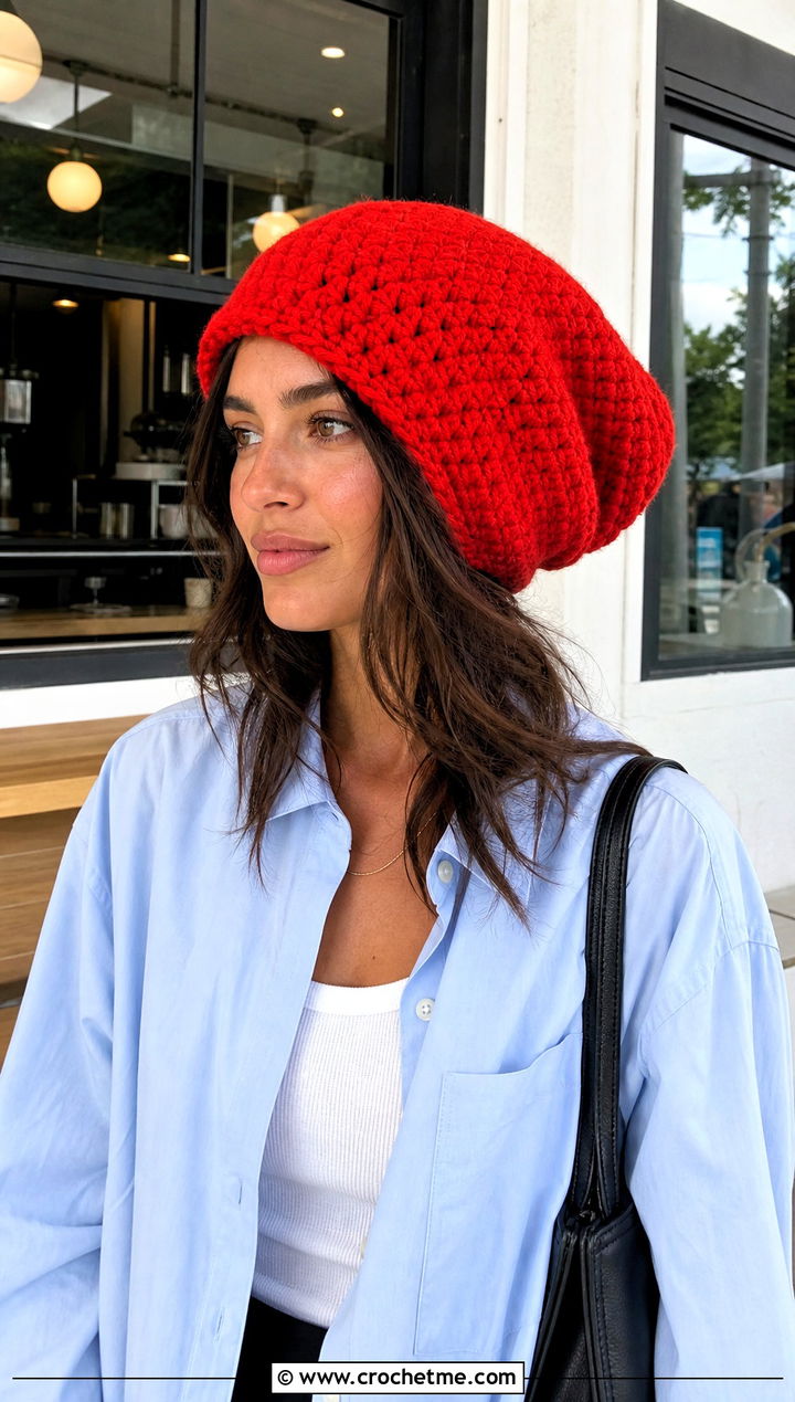 Oversized Slouch Crochet Hat With Oversized Shirt - 30 slouch crochet hat outfit ideas