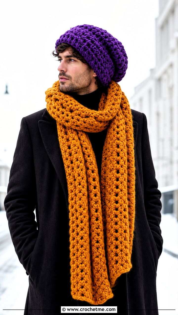 Oversized Slouch Hat And Blanket Scarf With Long Coat - 15 Mens Crochet Hat And Scarf outfit ideas