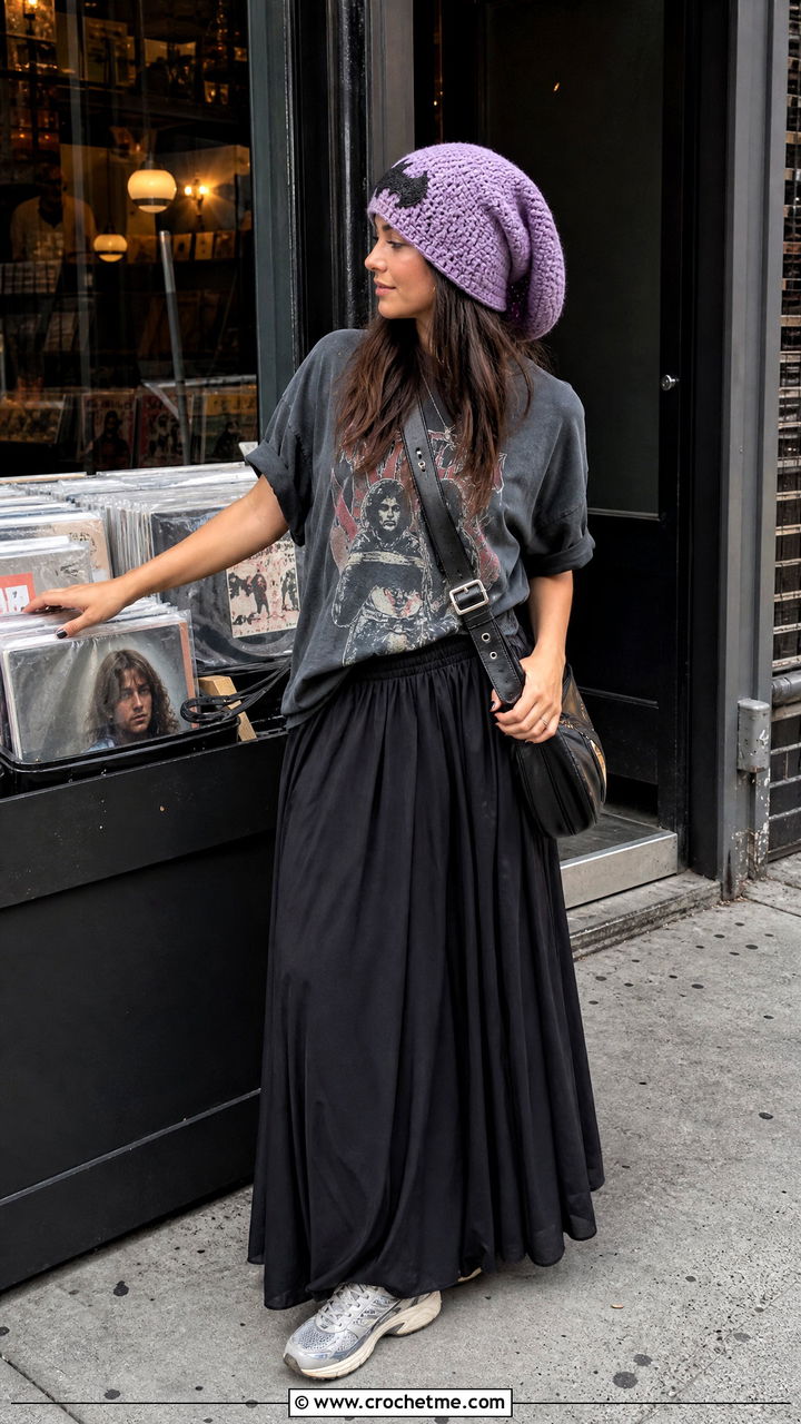 Oversized Slouchy Batman Beanie With Graphic Tee And Maxi Skirt - 35 crochet batman beanie outfit ideas